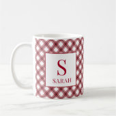Red Argyle Plaid Monogram Name コーヒーマグカップ (左)