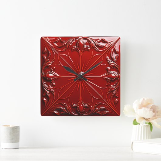Red Art Deco  スクエア壁時計 (ホーム)