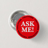 Red Ask Me Volunteer Button Pin – Bold Event Badge 缶バッジ (正面&裏面)