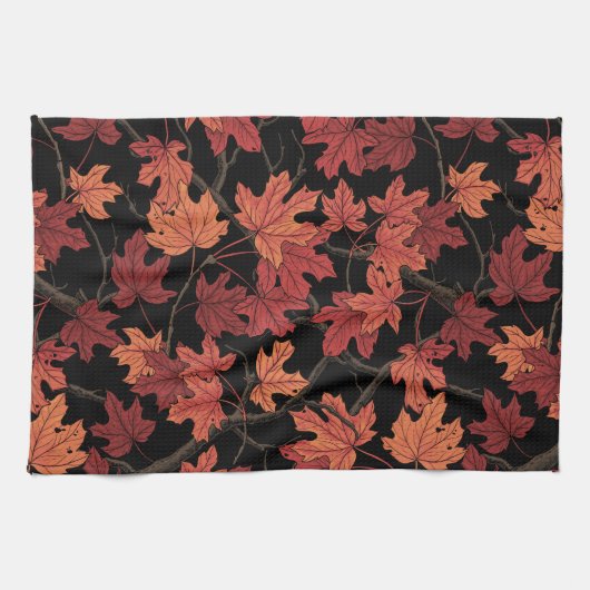 Red Autumn maple leaves on black キッチンタオル (横)