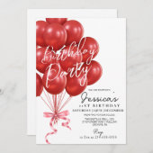 Red Balloon Script  Modern Birthday Party 招待状 (正面/裏面)
