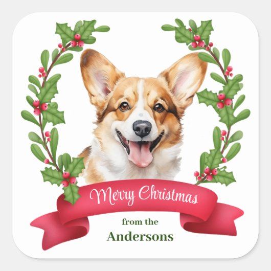 Red Banner Holly Corgi Dog Christmas スクエアシール (正面)