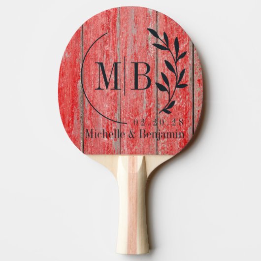 Red Barn Boards Leaf Wedding Monogram 卓球ラケット (裏面)