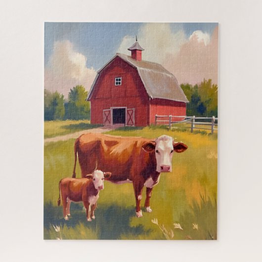 Red Barn Farm Animals Cow Painting ジグソーパズル (縦)