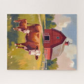 Red Barn Farm Animals Cow Painting ジグソーパズル (横)