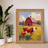 Red Barn Farm Animals Cow Painting ポスター