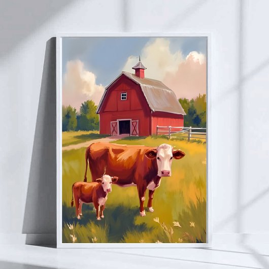 Red Barn Farm Animals Cow Painting ポスター