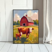 Red Barn Farm Animals Cow Painting ポスター