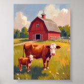 Red Barn Farm Animals Cow Painting ポスター (正面)