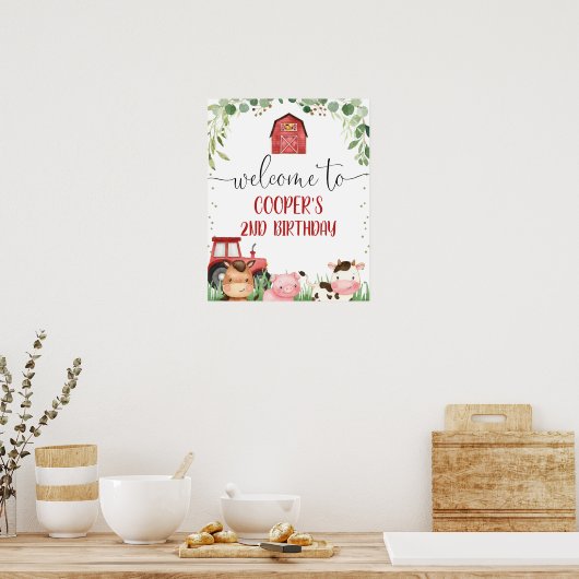  Red Barn Foliage Farm Animals Birthday Welcome  ポスター (キッチン)