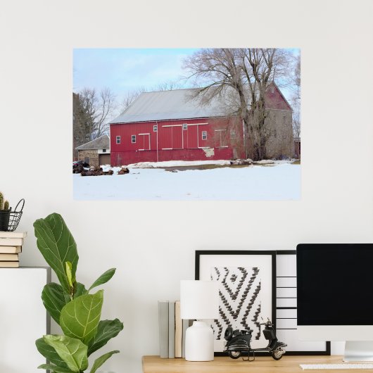 Red Barn in Snow ポスター (ホームオフィス)