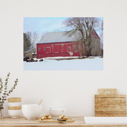 Red Barn in Snow ポスター (キッチン)