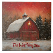 Red Barn & Snow Orange Winter Sunset Farmhouse  タイル (正面)