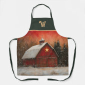 Red Barn w Star n Winter Trees Farmhouse Monogram エプロン (正面)
