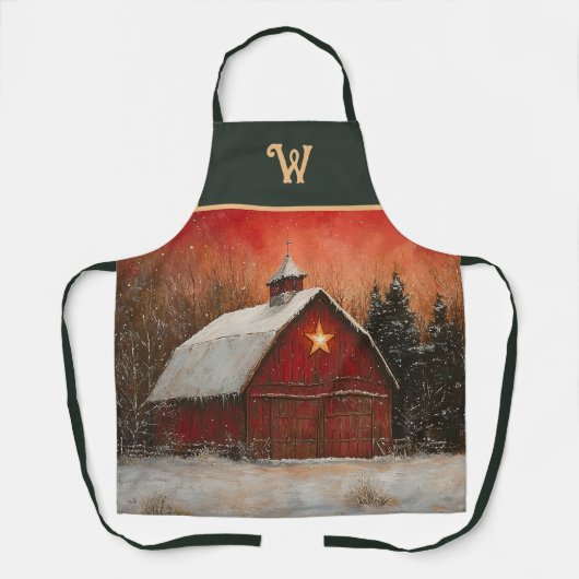 Red Barn w Star n Winter Trees Farmhouse Monogram エプロン (正面)