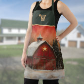 Red Barn w Star n Winter Trees Farmhouse Monogram エプロン