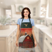 Red Barn w Star n Winter Trees Farmhouse Monogram エプロン