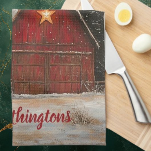 Red Barn w Star n Winter Trees Farmhouse Monogram キッチンタオル
