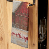 Red Barn w Star n Winter Trees Farmhouse Monogram キッチンタオル