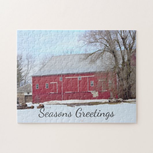 Red Barn Winter Scene Jigsaw Puzzle ジグソーパズル (横)