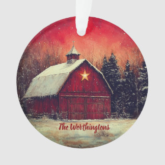 Red Barn with Star and Trees Farmhouse Monogram オーナメント