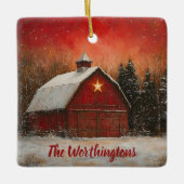 Red Barn with Star and Trees Farmhouse Monogram セラミックオーナメント (正面)