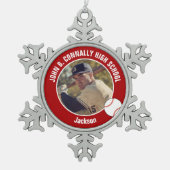 Red Baseball Player Photo Custom High School スノーフレークピューターオーナメント (正面)