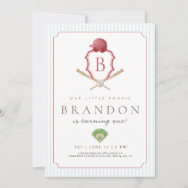 Red Baseball Preppy Crest First Birthday invite サンキューカード