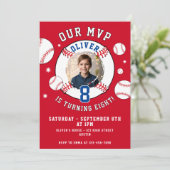 Red Baseball Themed Kids Birthday Photo 招待状 (スタンド正面)