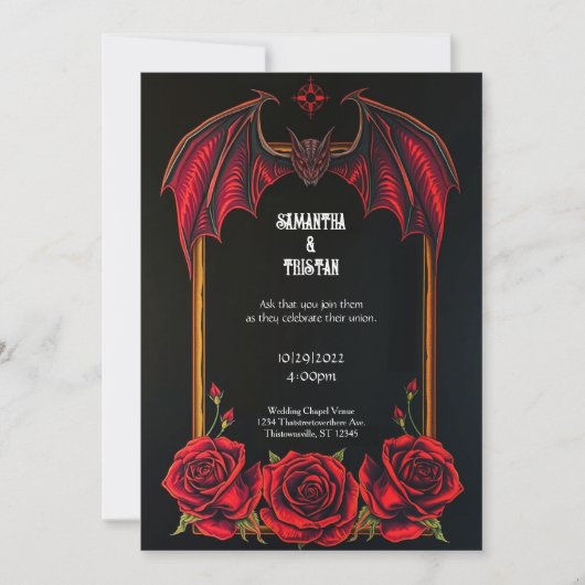 Red Bat and Roses Gothic Wedding Invitation 招待状 (正面)
