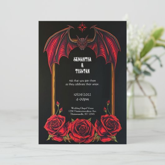 Red Bat and Roses Gothic Wedding Invitation 招待状 (スタンド正面)