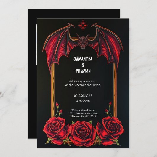 Red Bat and Roses Gothic Wedding Invitation 招待状 (正面/裏面)