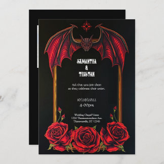 Red Bat and Roses Gothic Wedding Invitation 招待状
