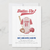 Red Batter Up Baseball First Birthday Invitation 招待状 (正面)