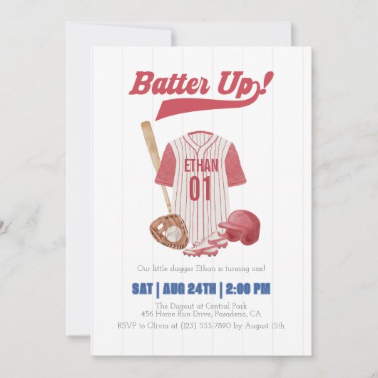 Red Batter Up Baseball First Birthday Invitation 招待状 (正面)