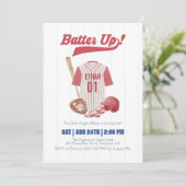 Red Batter Up Baseball First Birthday Invitation 招待状 (スタンド正面)