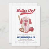 Red Batter Up Baseball First Birthday Invitation 招待状 (正面/裏面)