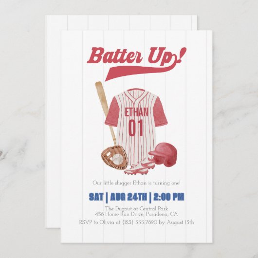 Red Batter Up Baseball First Birthday Invitation 招待状 (正面/裏面)