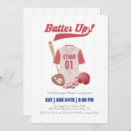 Red Batter Up Baseball First Birthday Invitation 招待状