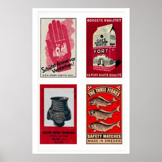 Red & Beige Matchbox Labels Grid Print, Vintage ポスター (正面)