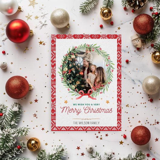 Red Beige Vintage Photo Christmas Card 招待状