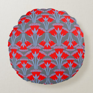 Red Bellflower Round Throw Pillow | One Owl Artist ラウンドクッション