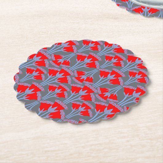 Red Bellflower Scalloped Round Paper Coaster  ペーパーコースター (アングル)