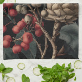 Red Berries and Exotic Seed Pods on Black キッチンタオル (折り畳み)