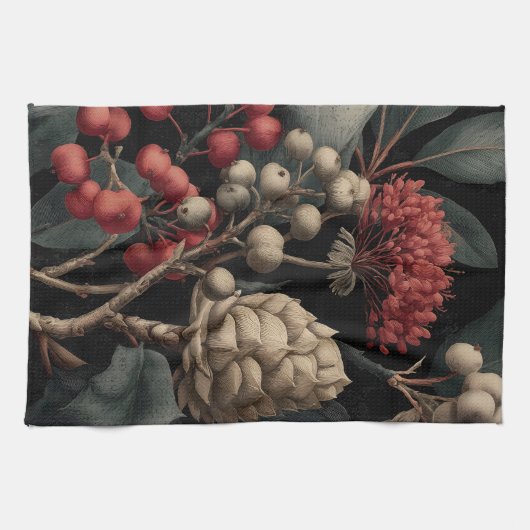 Red Berries and Exotic Seed Pods on Black キッチンタオル (横)