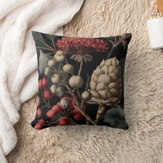 Red Berries and Exotic Seed Pods on Black クッション (ブランケット)