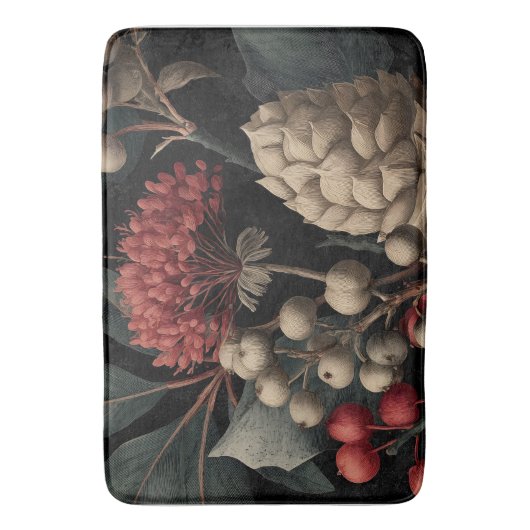 Red Berries and Exotic Seed Pods on Black バスマット (正面縦)