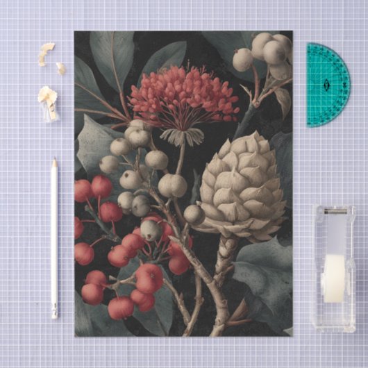 Red Berries and Exotic Seed Pods on Black 薄葉紙 (クラフト)