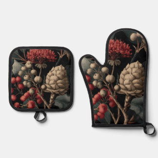 Red Berries and Exotic Seed Pods on Black 鍋つかみ&鍋敷きセット