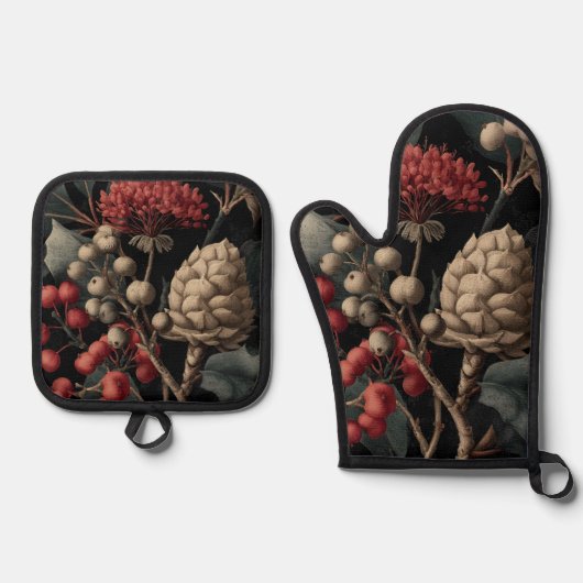 Red Berries and Exotic Seed Pods on Black 鍋つかみ&鍋敷きセット (正面)